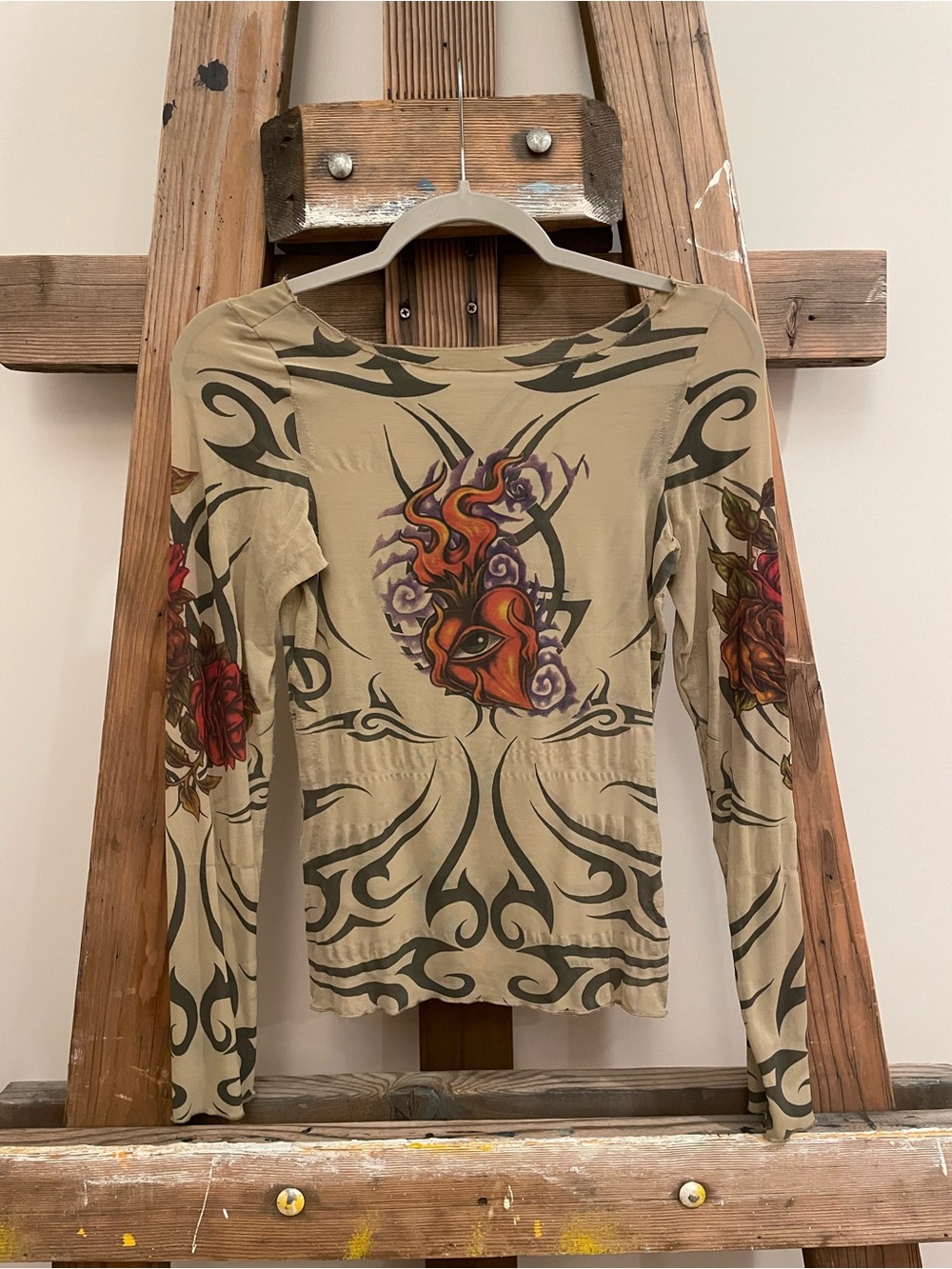 Long Sleeve Graphic Tattoo-Style Top in Khaki